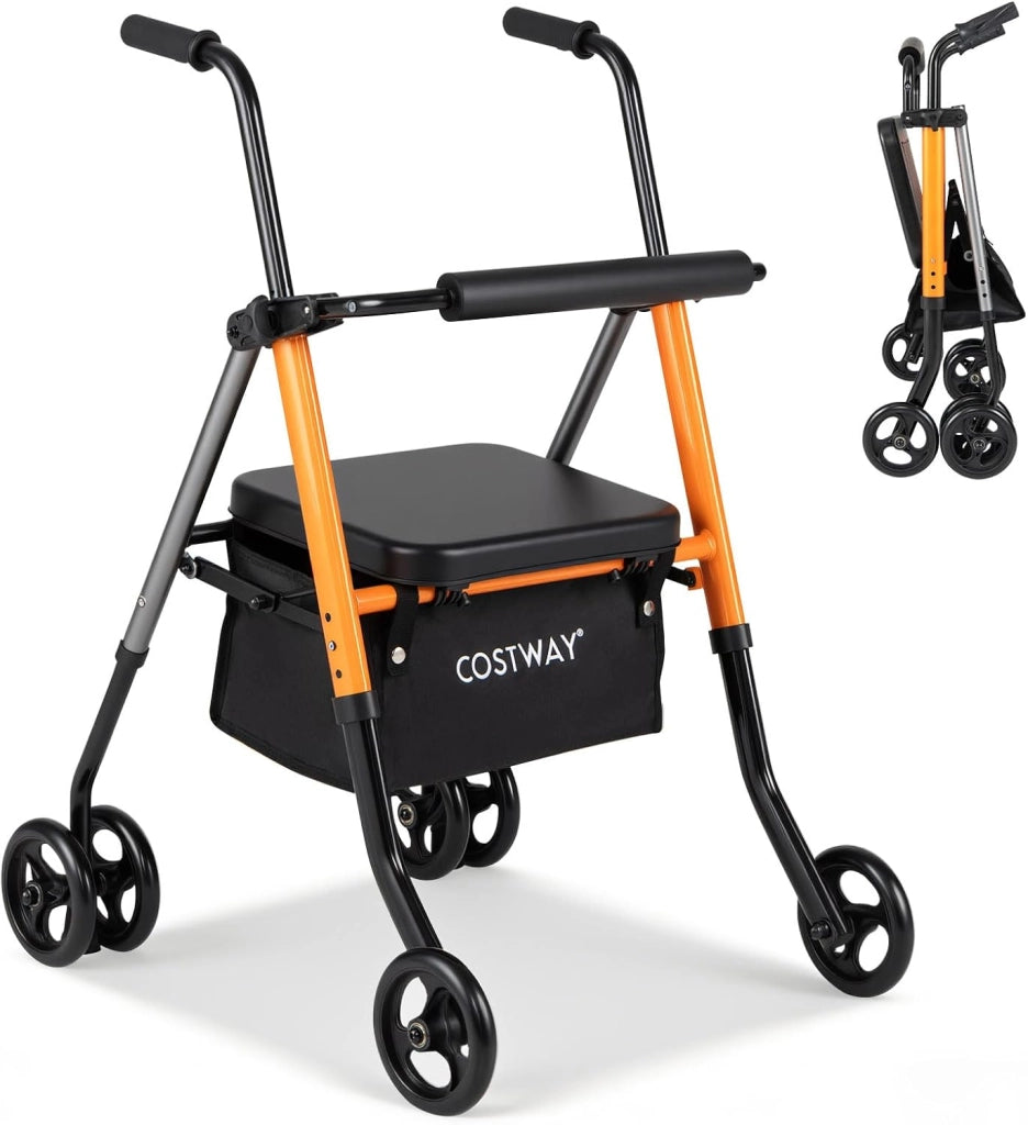 Deambulatore per Anziani Pieghevole, 2 in 1 Girello con Seduta a 3 Livelli, Sacchetti Portaoggetti e Impugnatura Ergonomica, Rollator Deambulatore Portatile per Intreno ed Esterno