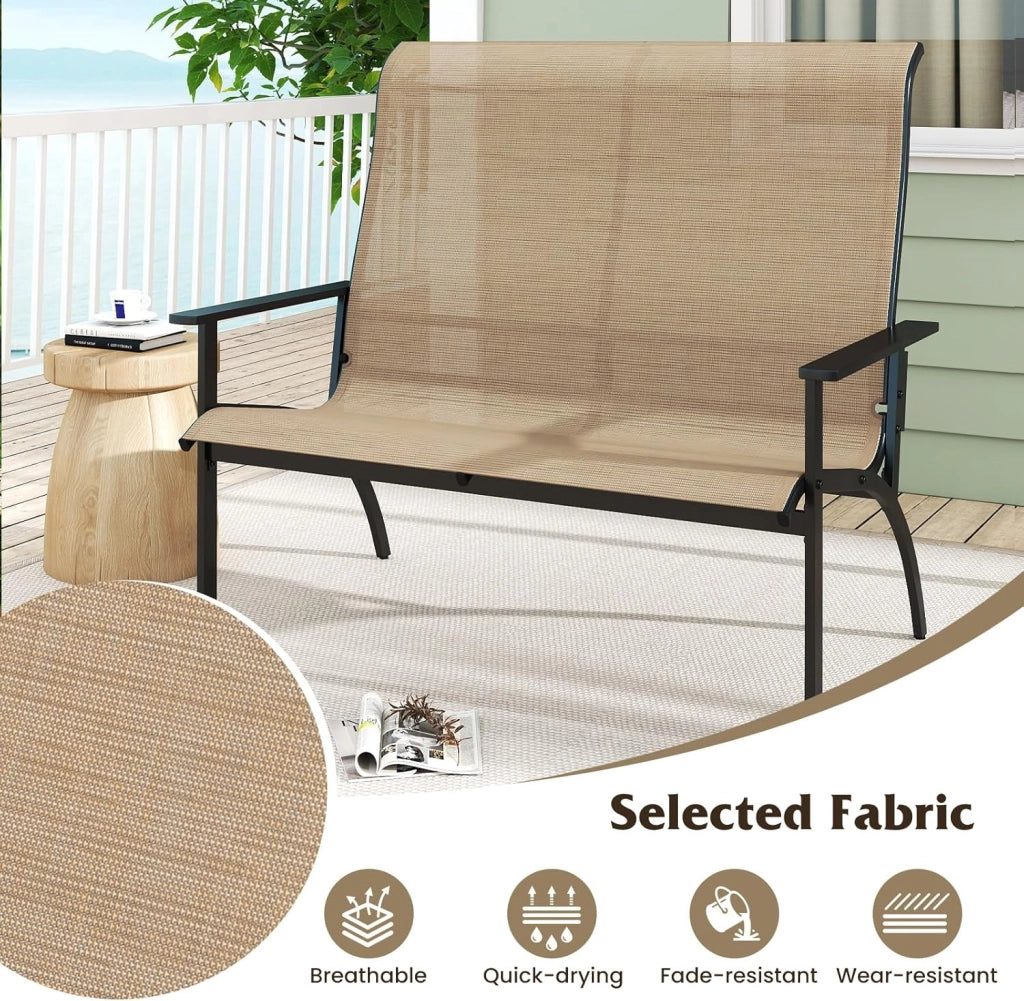 Panca giardino esterno a 2 posti, sedia Adirondack in Textilene con carico di 400 kg, panca di terrezza con schienale alto e braccioli per patio, balcone, 81 x 120 x 106 cm
