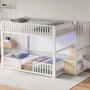 Letto a castello 140x200 cm con scala contenitore e LED; bianco; in MDF e metallo