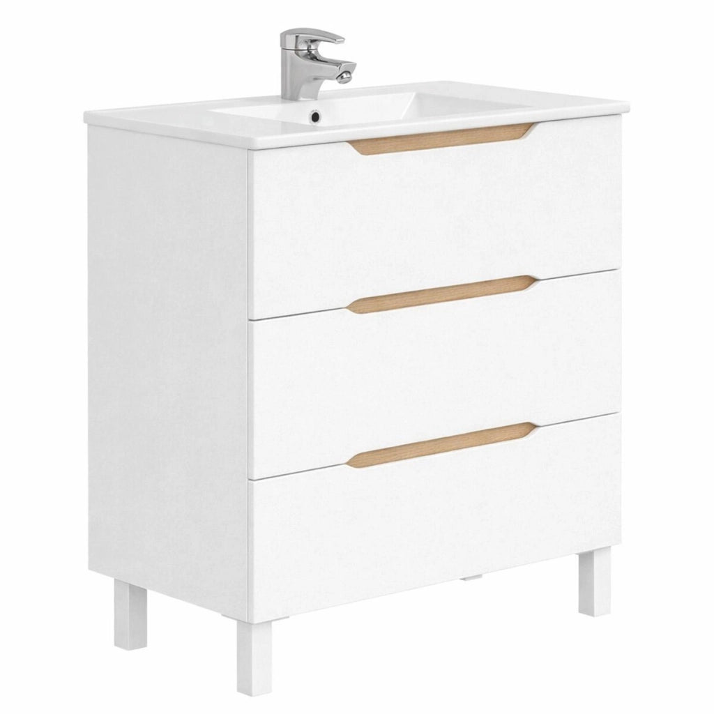 Mobile Bagno A Terra Con 3 Cassettoni Soft Close E Lavabo In Ceramica Monoforo Con Troppopieno Incluso Mobiletto Design Moderno Ed Elegante Salvaspazio 80 x 45 x 86 Cm Colore Bianco