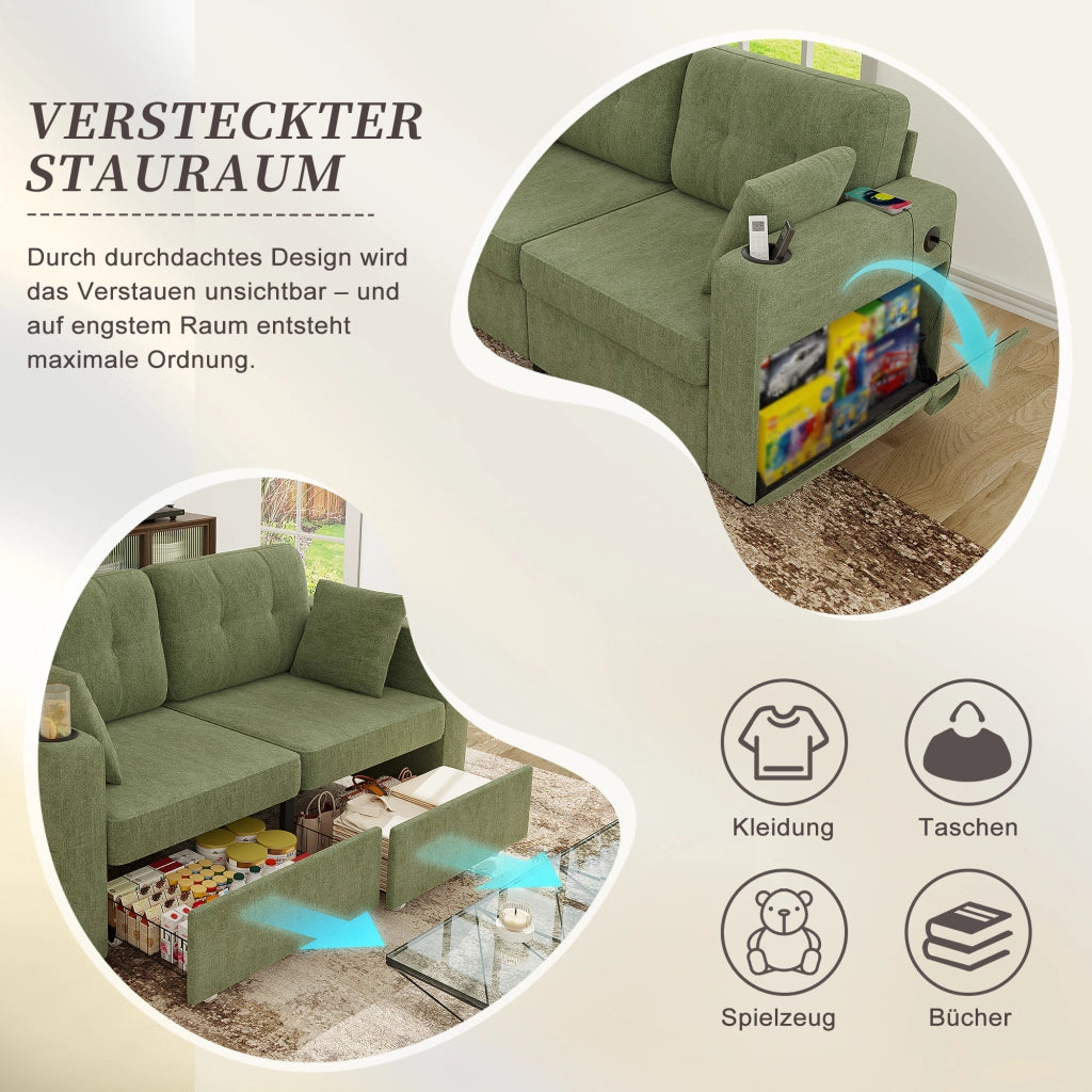 Divano dritto 2 posti con cassetti contenitore; porte USB; portabicchieri e tasche laterali in chenille verde oliva