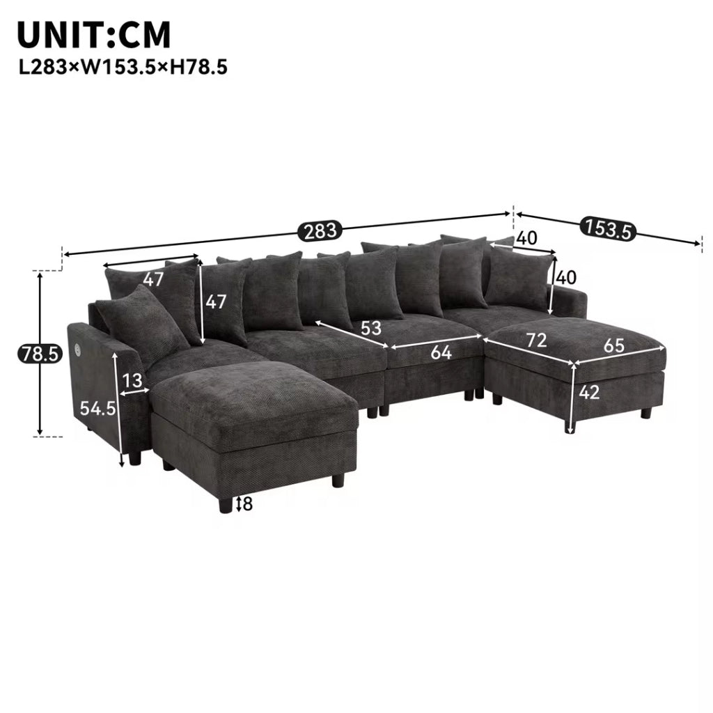 SOFA Modulare a U/L 6 Posti 283x153,5x78,5 cm Chenille Grigio