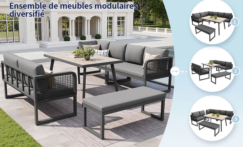 Set Mobili da Giardino in PE Rattan con Cuscini Spessi per 6-8 Persone, Tavolo e Divanetti Modulari Grigio