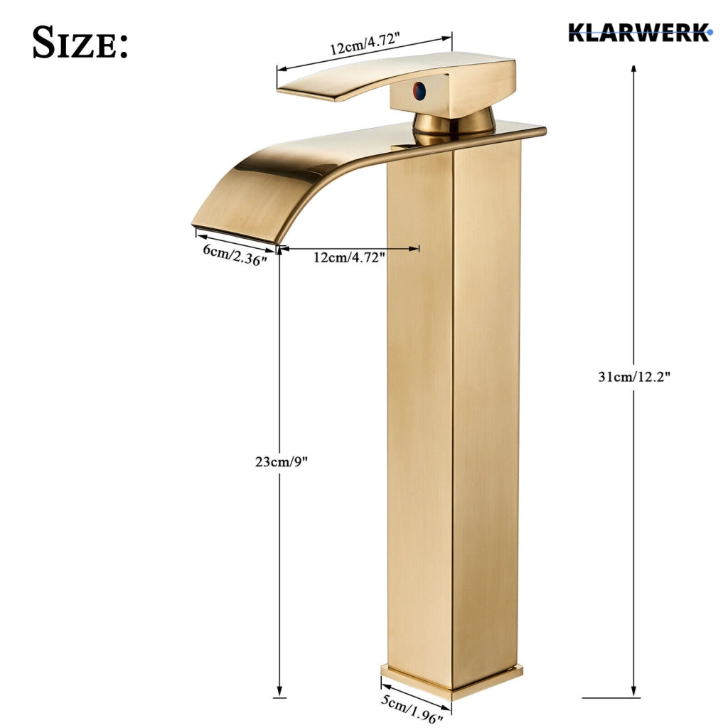 ROSA | Rubinetto da bagno premium a cascata alta oro | Miscelatore Hotel Gastro Premium per lavabo freestanding - in acciaio inox con bocca alta