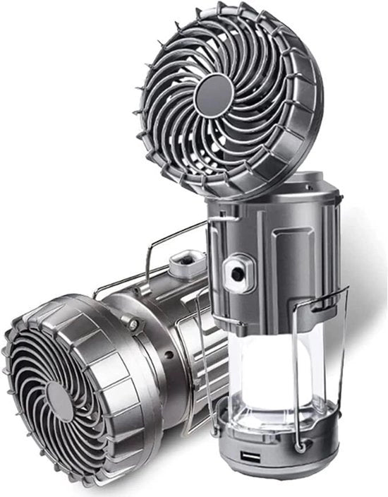 Lampoventilatore multifunzionale alimentato da energia solare – batteria 1500mAh lithium, caricabatteria USB, impermeabile, regolabile – ideale per attività all'aperto, campeggio, tende e emergenze.