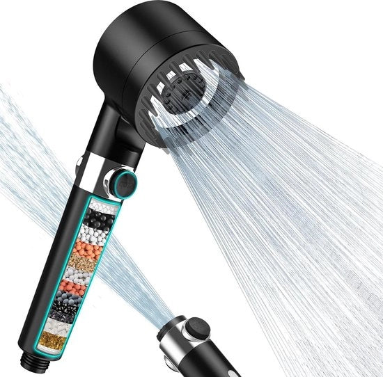 Handdouche ad alta pressione con filtro - 3 + 1 tipi di getto - 15 m tubo - 15 livelli - nero.
