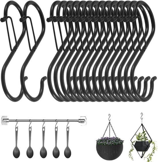 16 haken a forma di S per cucina, bagno, camera da letto, ufficio, giardino e negozio - anticorrosione - sostenibile fino a 30 kg - nero