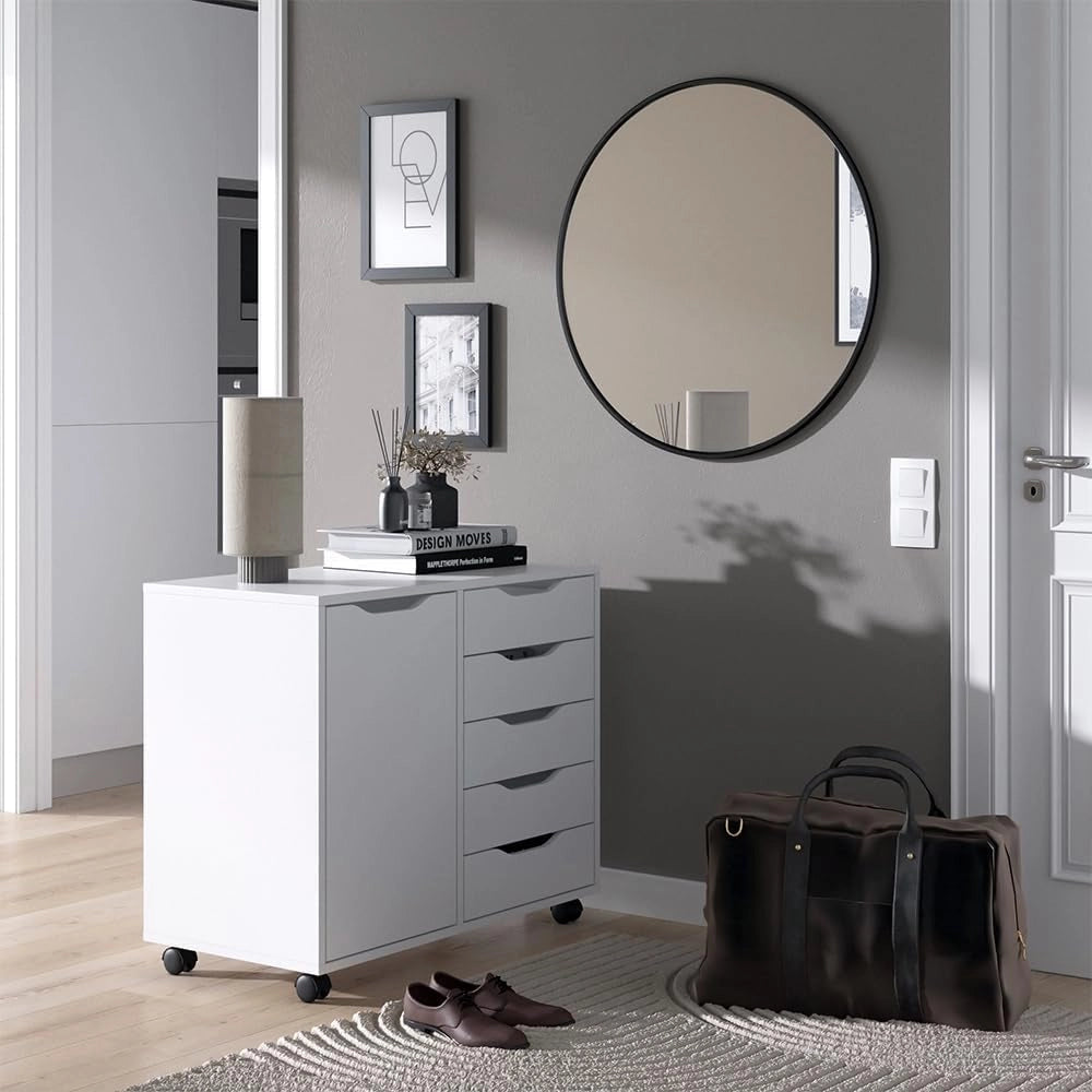 Credenza Otwin, Bianco, 40.6 x 61.5 cm con 5 cassetti e 1 anta, per la conservazione di abbigliamento e oggetti per la casa