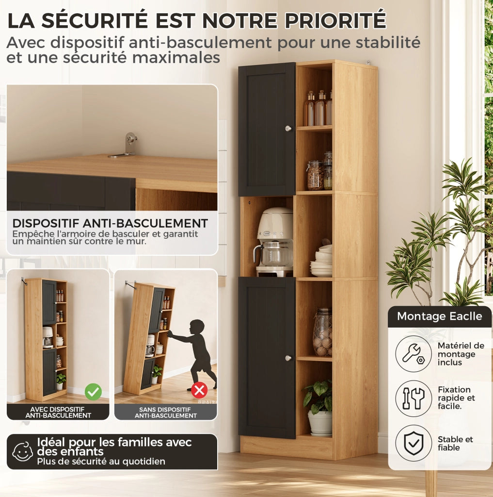 Armadio angolare alto con 6 ripiani aperti e 2 ante 50x35;5x170 cm in MDF nero e naturale