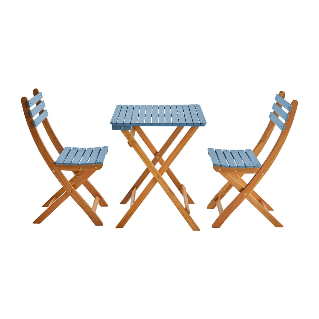 Set tavolo da giardino in legno di acacia con 2 sedie pieghevoli, blu