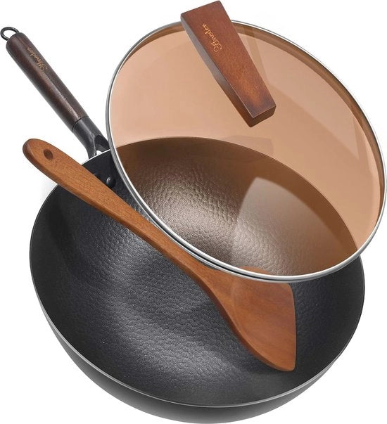 Wok in Acciaio di Carbonio 32 cm con Maniglia Rimovibile e Coperchio in Vetro - Adatto per tutti i Forni