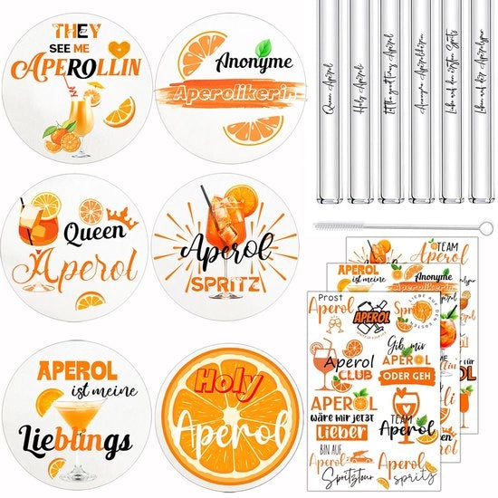 Set di regalo Aperol 16 pezzi, set di regalo Aperol Spritz con 6 piastrelle Aperol rotonde, 6 spine di Aperol, 1 pennello e 3 adesivi Aperol, set di decorazione Aperol per appassionati di Aperol