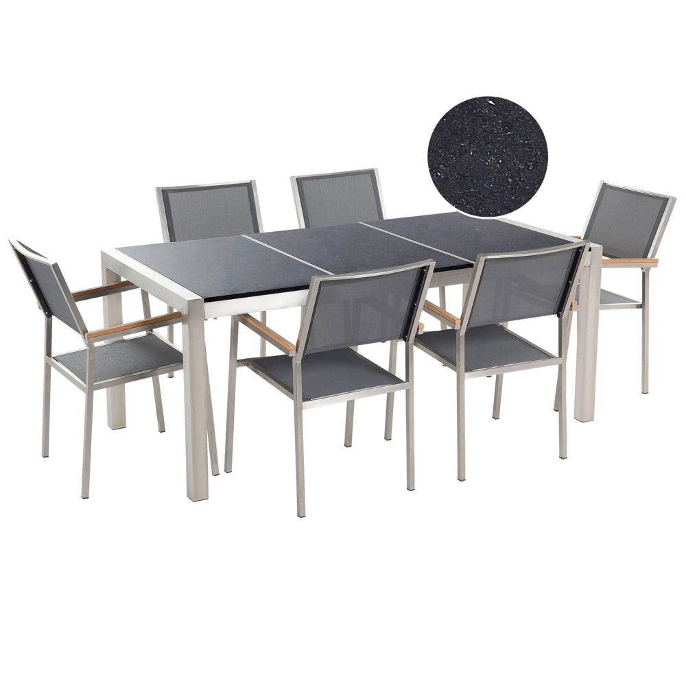 Set da Giardino Tavolo Piano Granito Nero 6 Sedie Grigie 180 x 90 cm