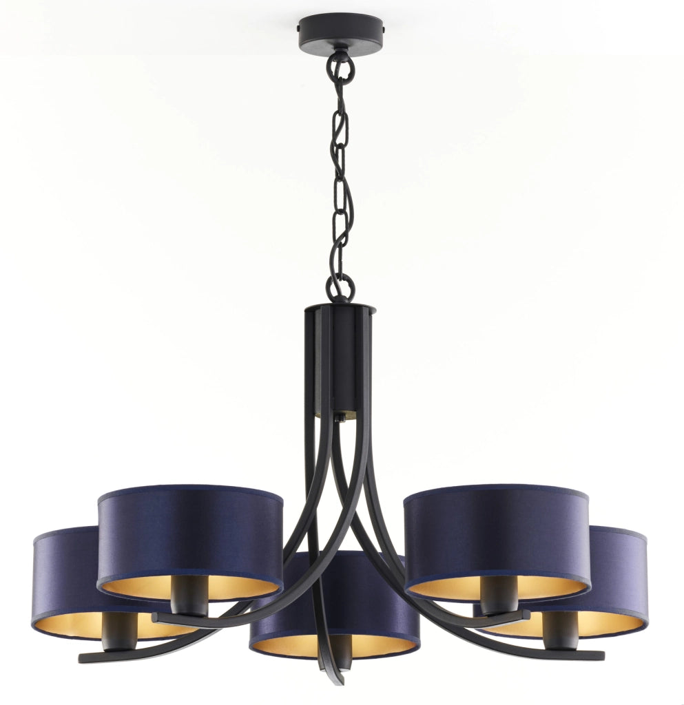 Lampadario nero a catena 5xE27 paralumi blu Jupiter