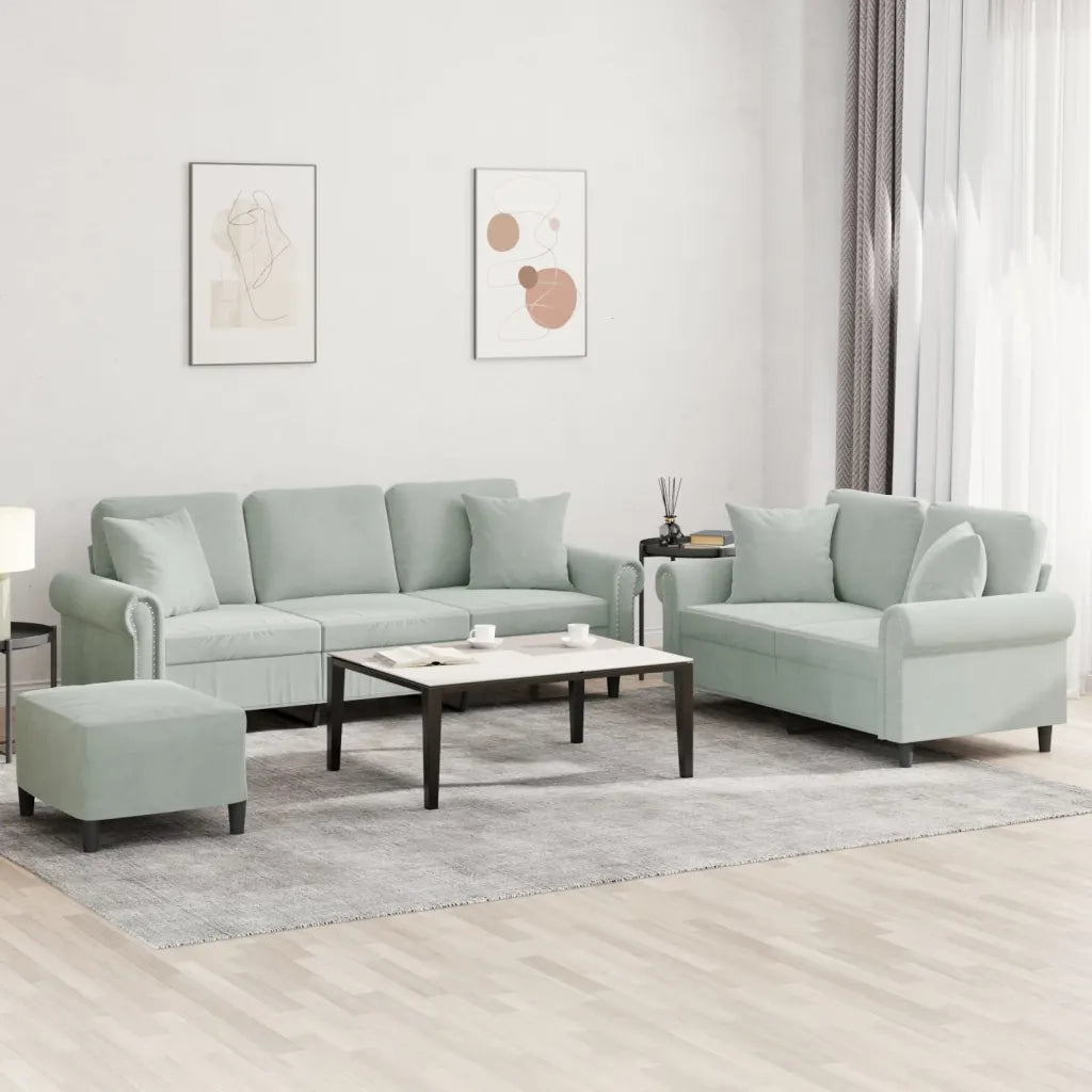 Set di Divani 3 pz con Cuscini Grigio Chiaro in Vellutocod mxl 107092