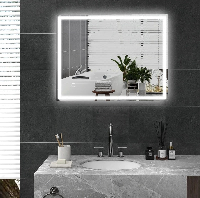 Specchio bagno LED ULEVR 90x70 cm con luce regolabile a 3 tonalit¨¤, antiappannamento e comando touch, argento