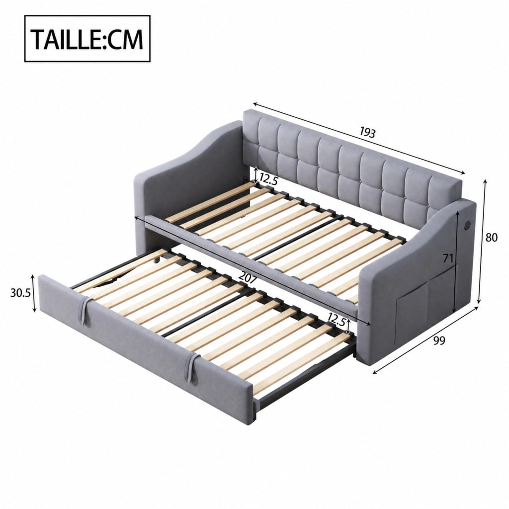 DESMIU Divano Letto 90 × 190 cm 1 posto con USB e vano portaoggetti, senza materasso, in velluto grigio
