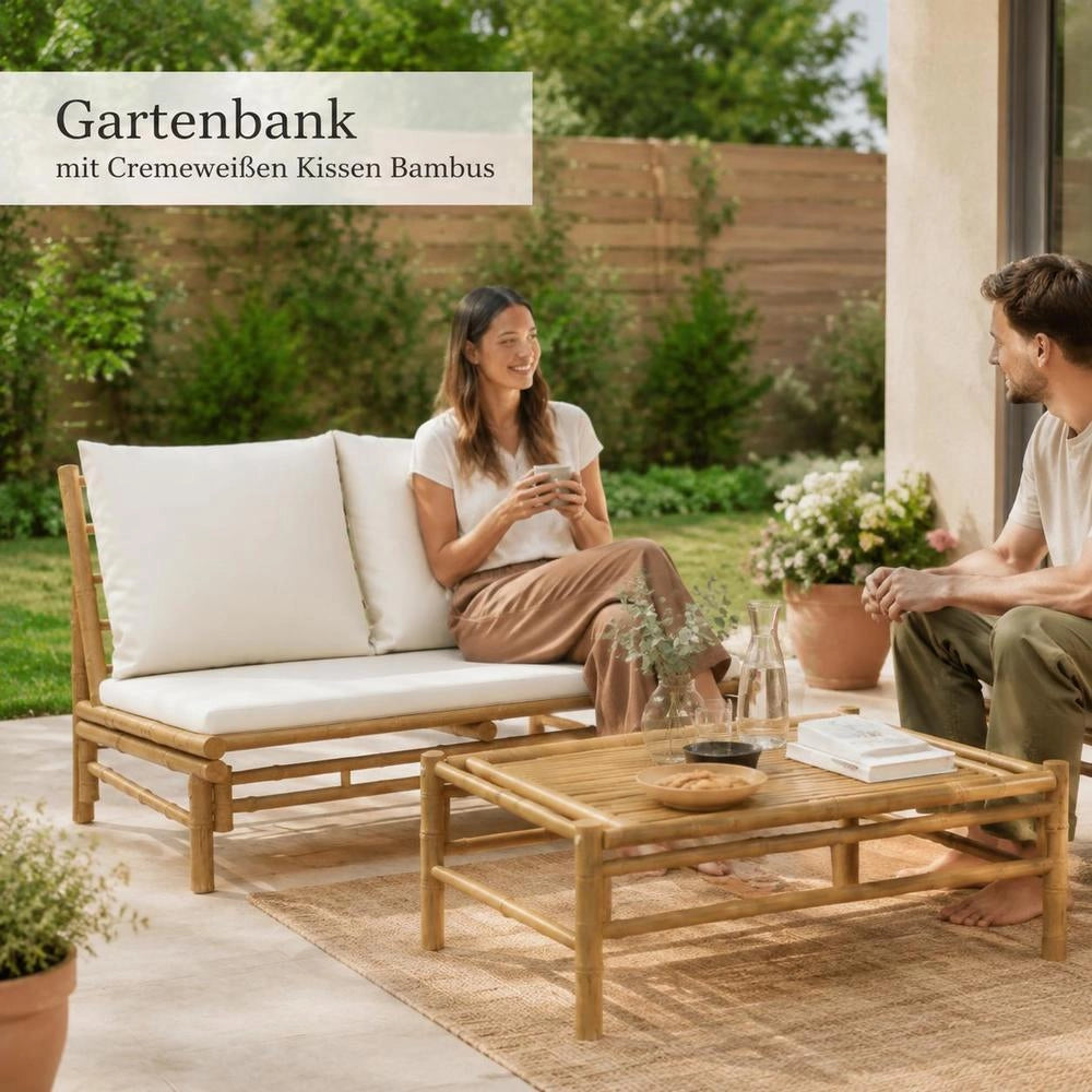 Garden Bench With Cream-white Cushions, Bamboo