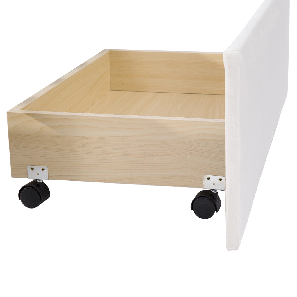 Letto imbottito con testiera; 4 cassetti e rete a doghe; beige