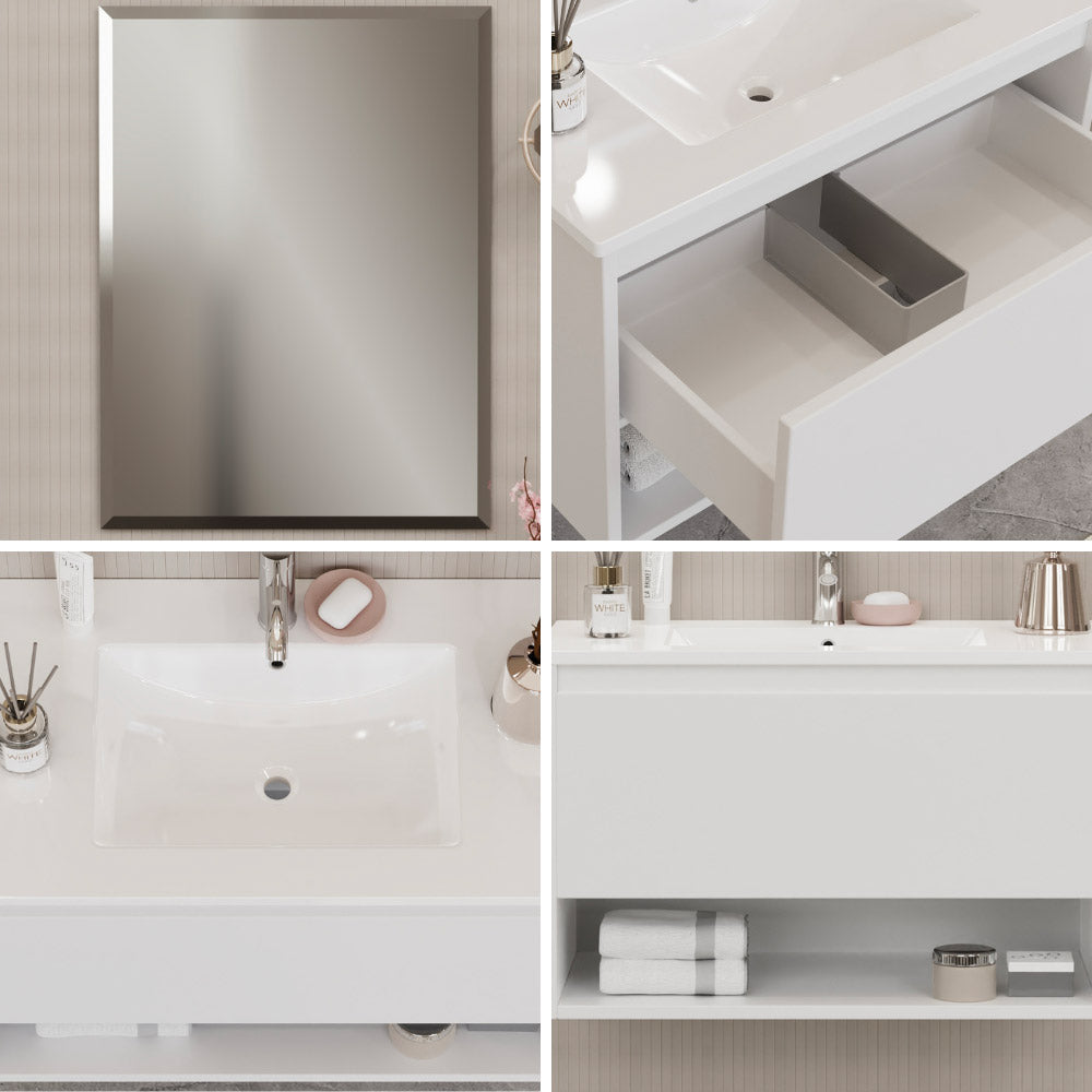 Mobile Bagno Sospeso 80 cm Lavabo e Specchio Milano Bianco Lucido