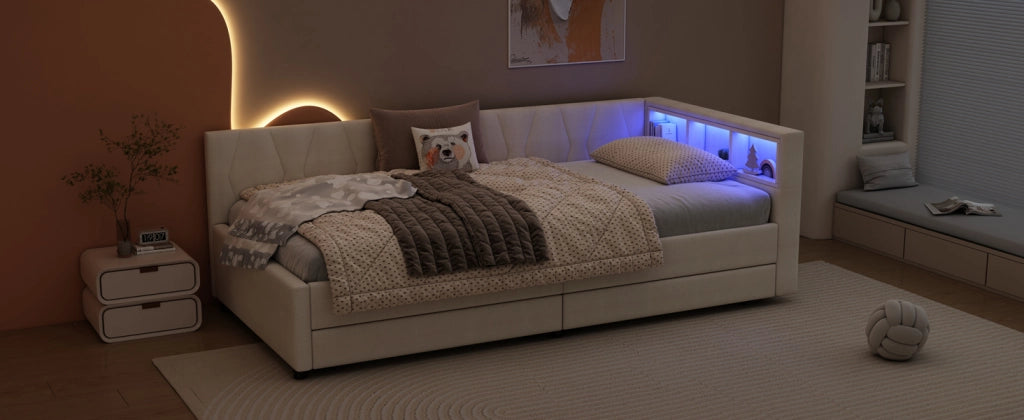 Letto singolo 90 ¡Á 200 cm con due cassetti USB e Type-C LED in lino e MDF beige