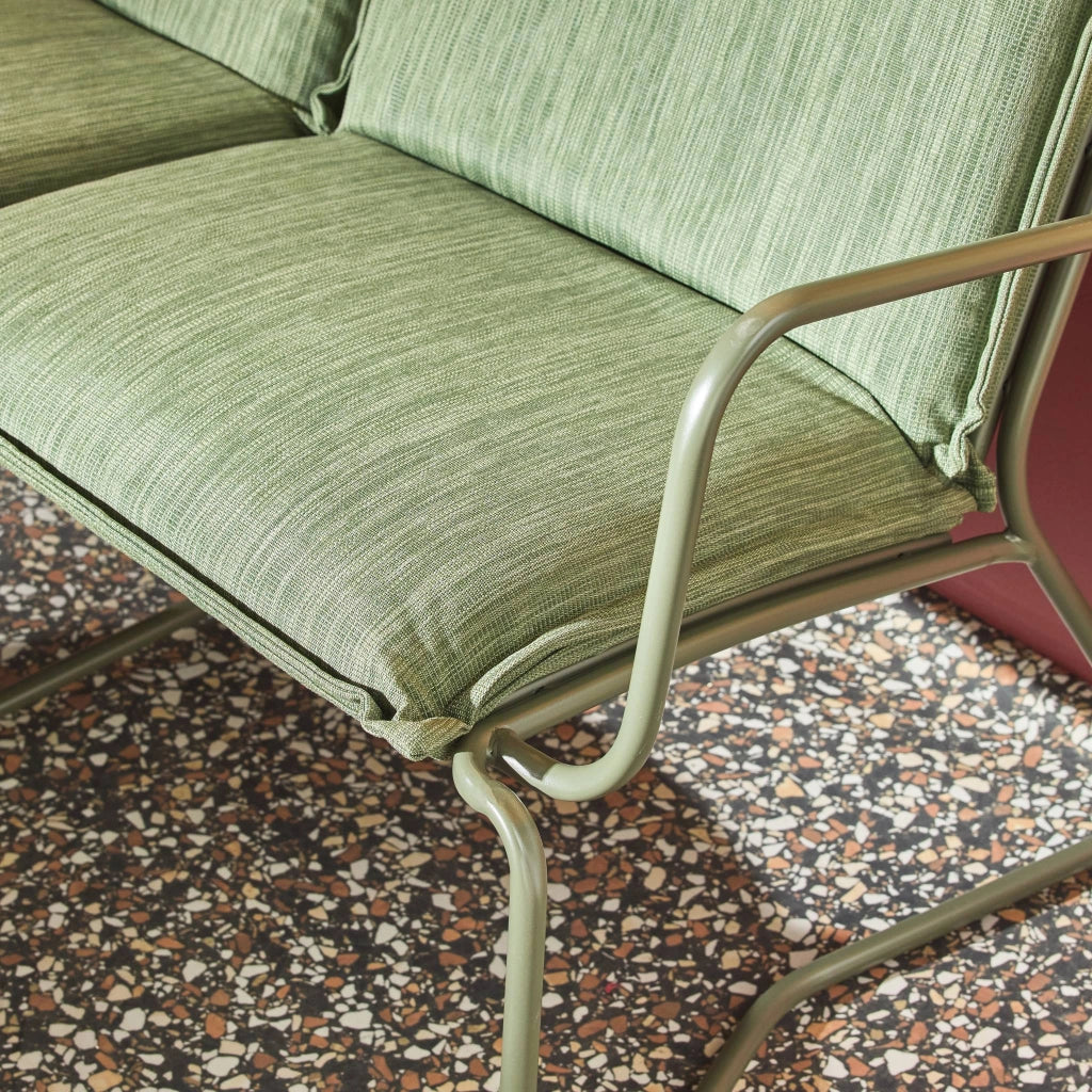 Salotto da giardino in acciaio, vetro e textilene, 4 posti, verde kaki
