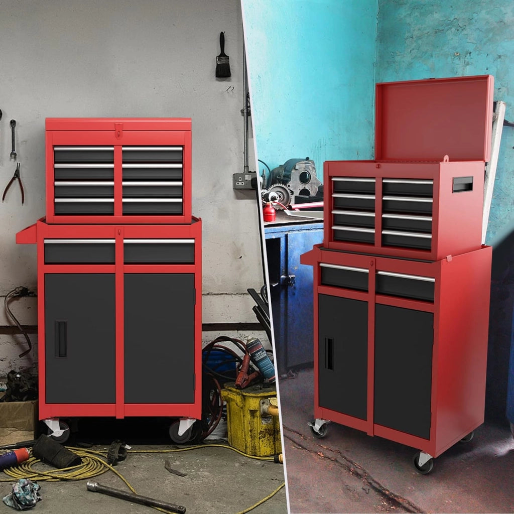 Cassettiera Portautensili a 4 Cassetti, Carrello per Attrezzi con Ruote Bloccabili Ripiano Regolabile e Rivestimento Antiscivolo, 59 x 28 x 102 cm (Nero + Rosso)