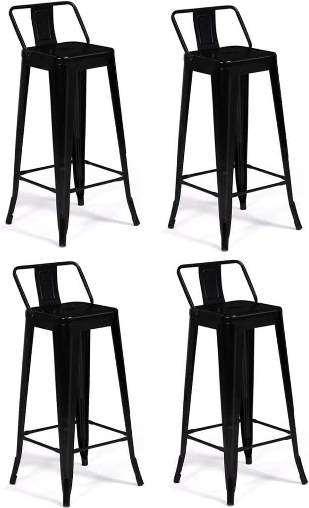Set di 4 sgabelli da bar LENY in metallo nero opaco impilabili con schienale