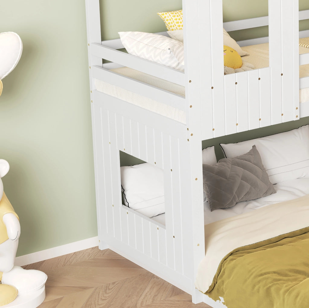 Letto a castello con scivolo e casetta, bianco, 90x200 cm e 140x200 cm