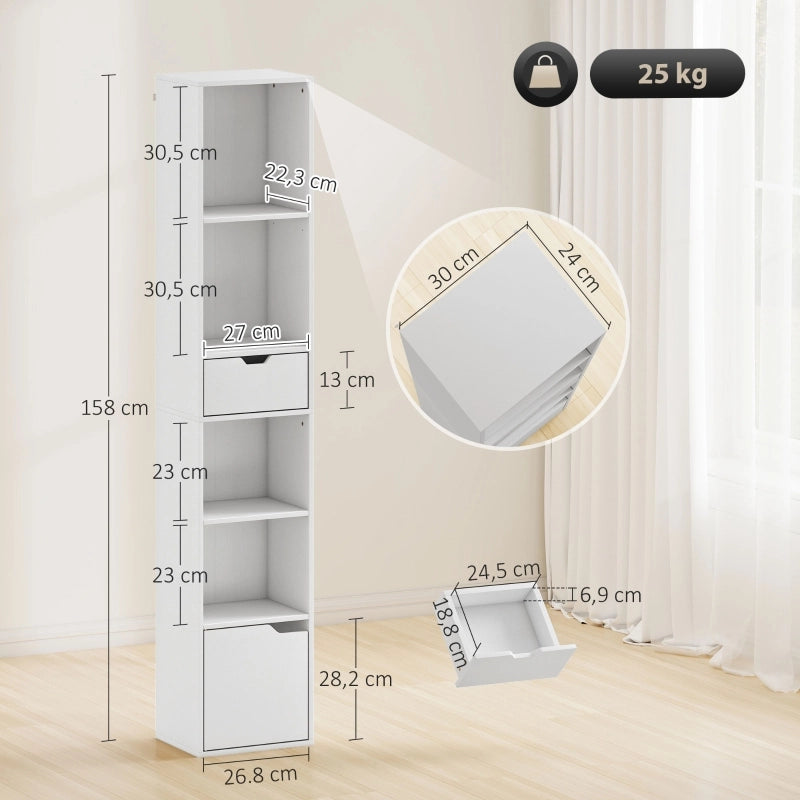 Libreria con 4 vani aperti, cassetto e anta, ripiano regolabile, per soggiorno, bianco, 87 × 36,5 × 15,5 cm