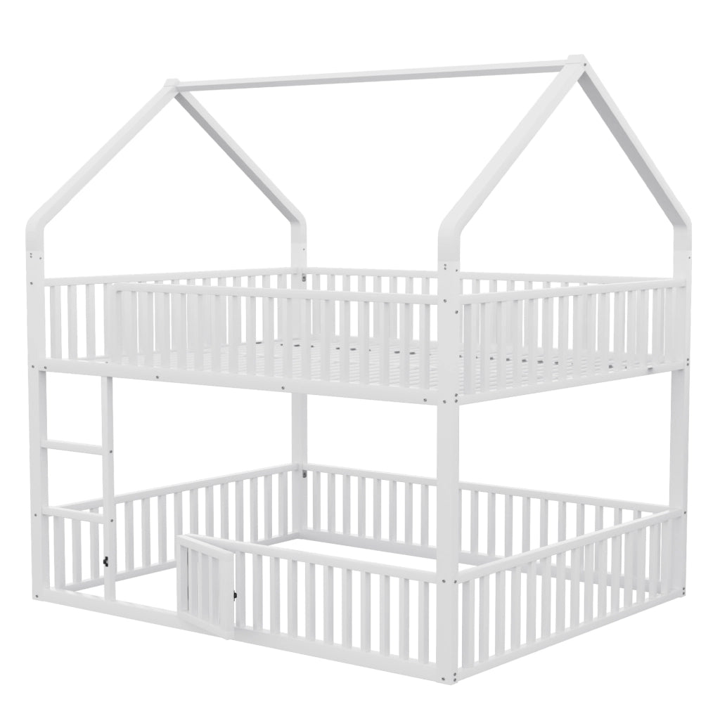 Letto a castello in metallo con design a casetta e scala frontale
