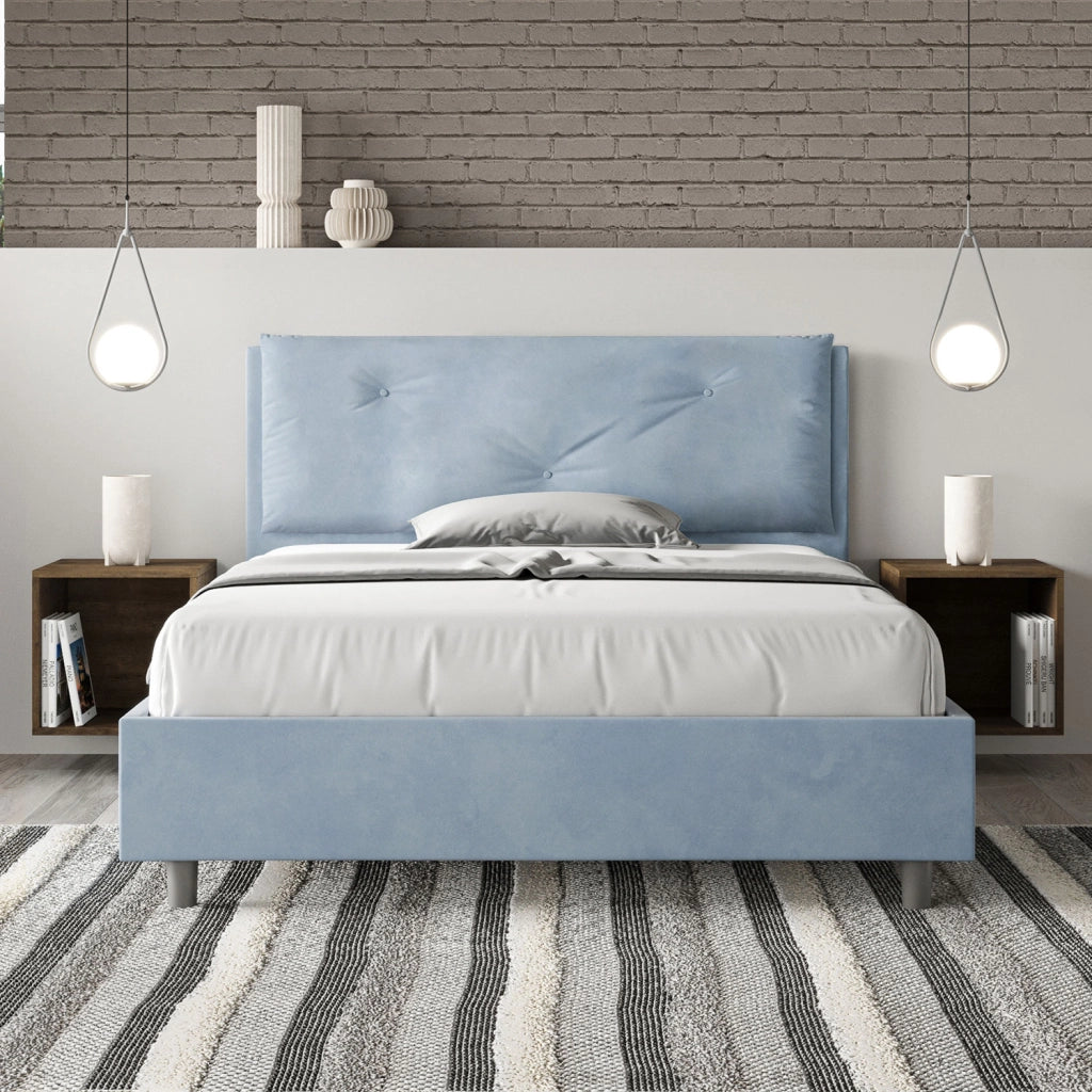 Letto Matrimoniale Francese 140x190 cm con Rete Imbottito in Microfibra Appia Large Azzurro