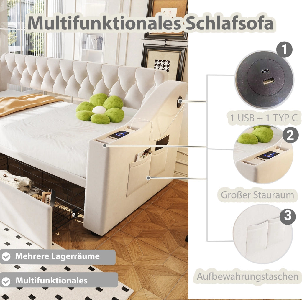 Letto imbottito 90 x 190 cm con USB, cassetti e braccioli beige