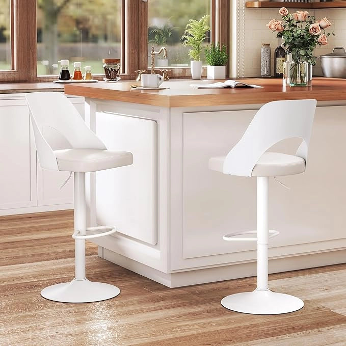 2 Sgabelli Girevoli da Bar Alta 91-111 cm, Set di Sgabelli con Seduta in Ecopelle, Poggiapiedi e Struttura in Metallo, Sedie per Cucina e Bistrò (Bianco)