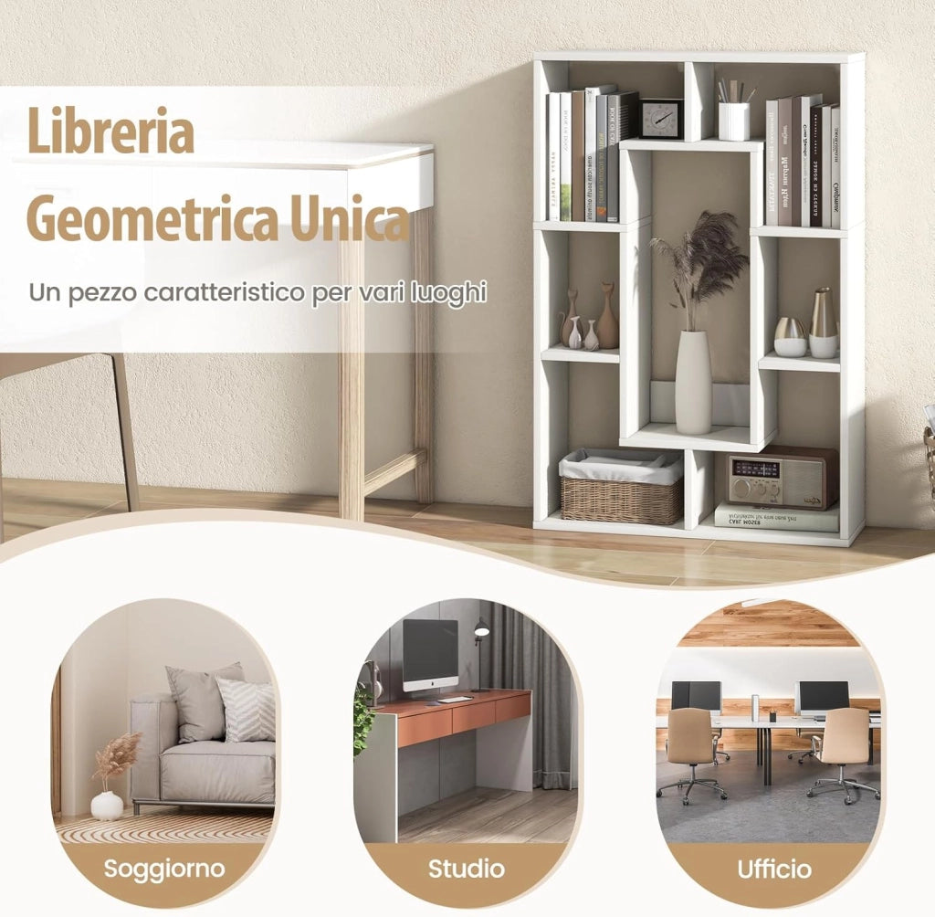 Libreria in Legno, Scaffale Aperto Geometrica a 7 Cubi, Scaffale da Esposizione con Dispositivo Anti-Ribaltamento, per Ufficio Soggiorno Camera da Letto, 60x20x90 cm (Bianco)