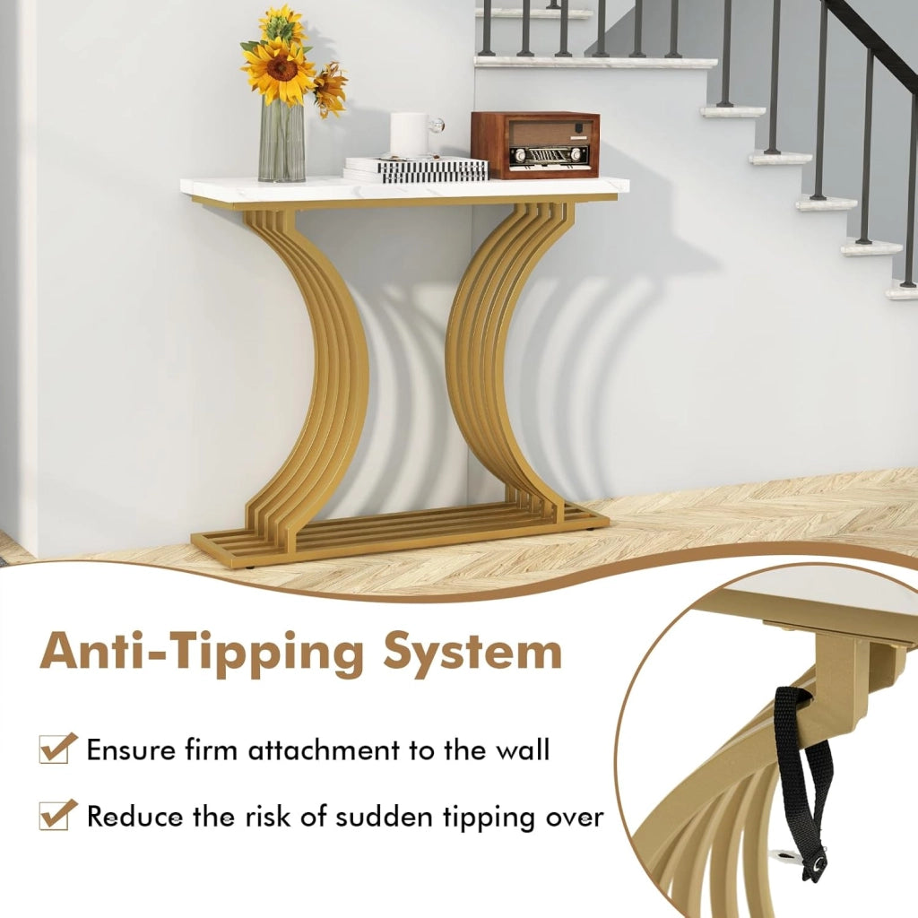 Tavolo Ingresso Marmo Sintetico 100 cm, Mensola, Kit Antiribaltamento, Cuscinetti Gambe Regolabili, Telaio Metallo, Stretto, Corridor Soggiorno,100x29,5x81 cm