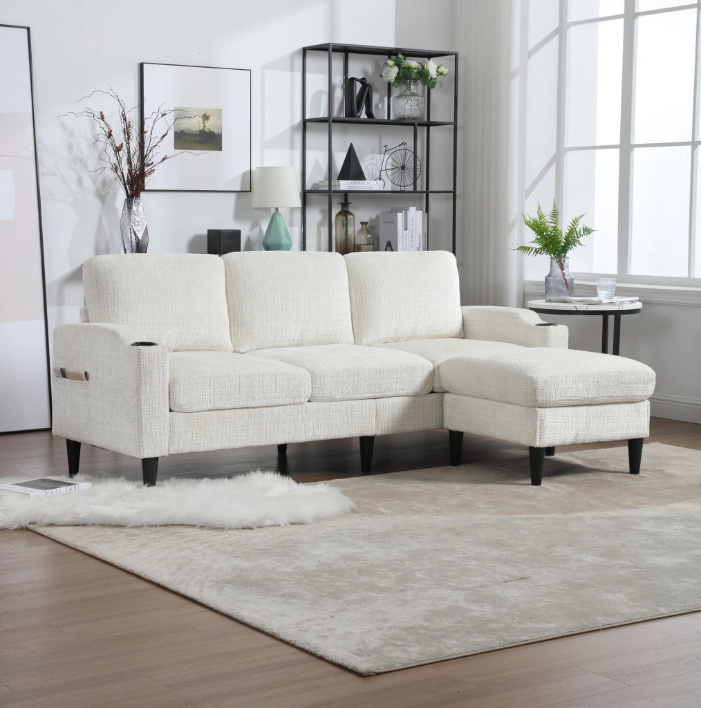 Divano modulare 4 posti con pouf contenitore; portabicchieri e tasche; ciniglia beige