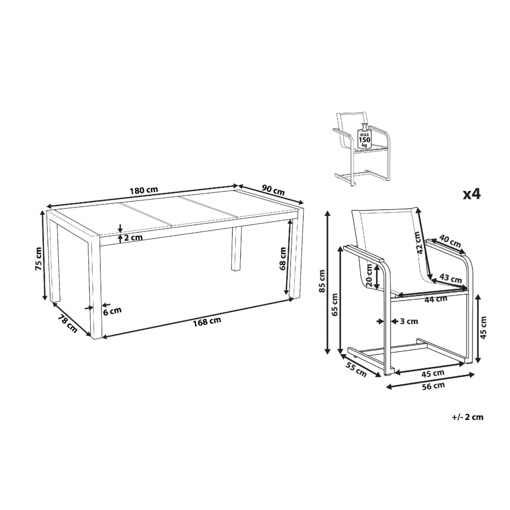 Set da giardino con 4 posti in acciaio inox con tavolo piano in vetro e Sedie in tessuto bianco esterno moderno