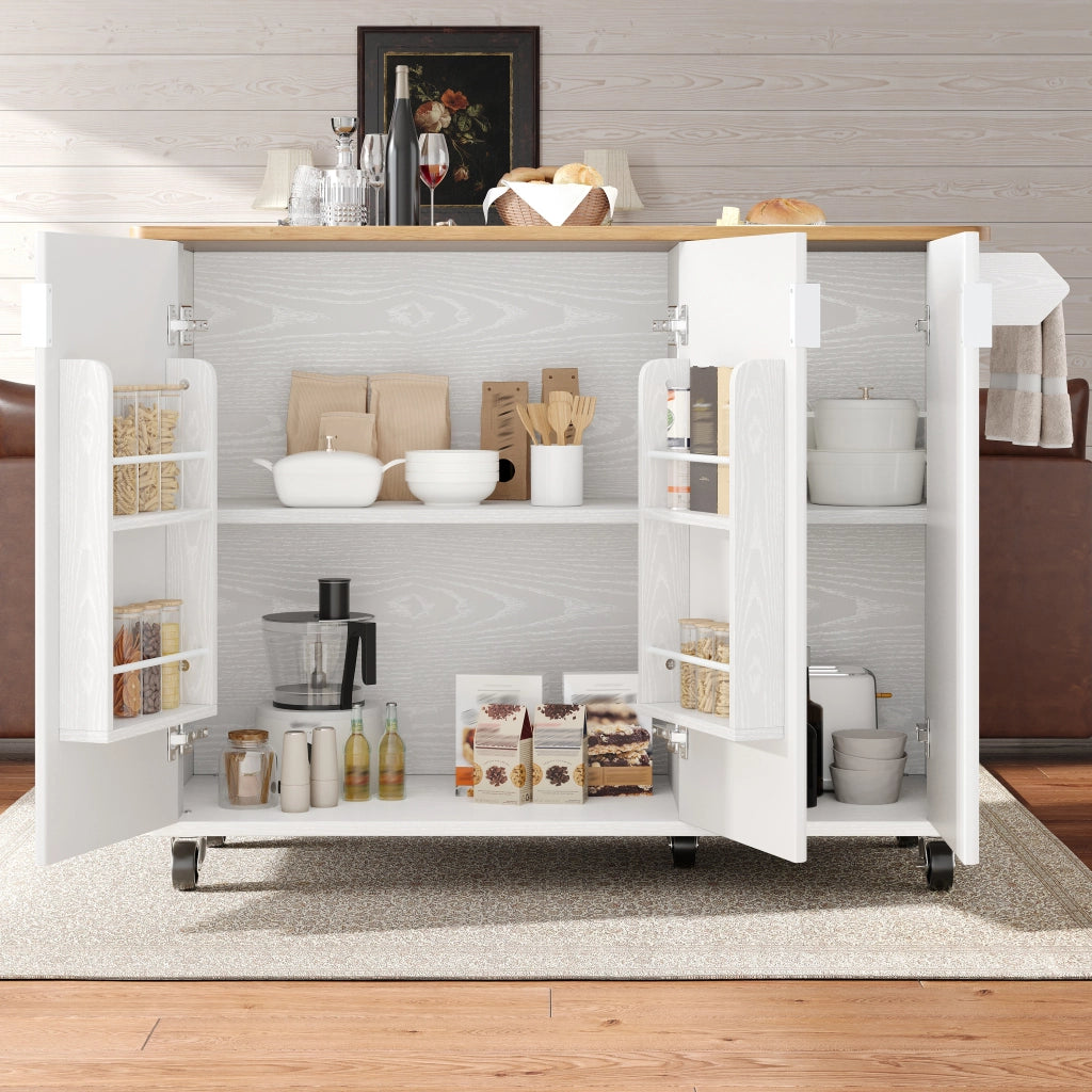 Isola da cucina mobile con 3 ante, piano pieghevole, 130x45(75)x92 cm, bianca
