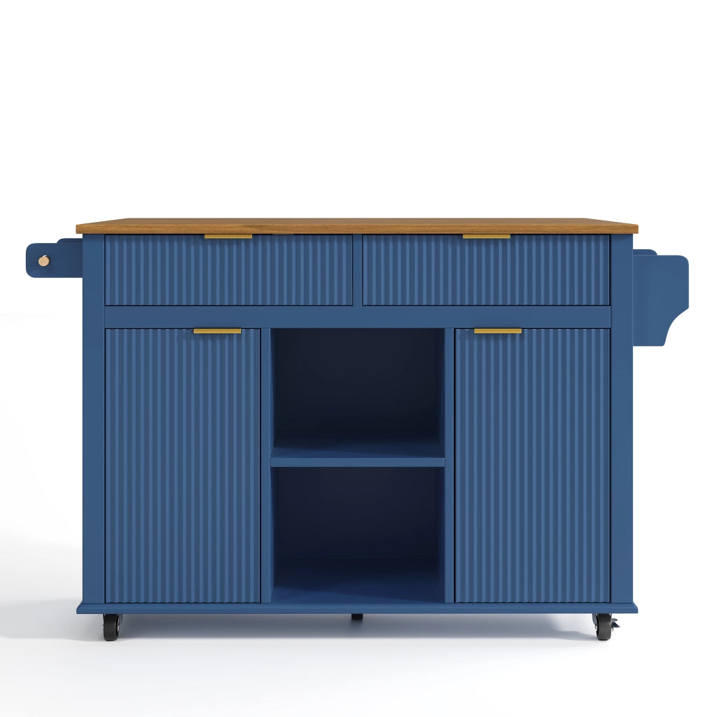Isola da cucina su ruote con piano ribaltabile, 2 cassetti, 2 ante e porta spezie, colore blu e legno