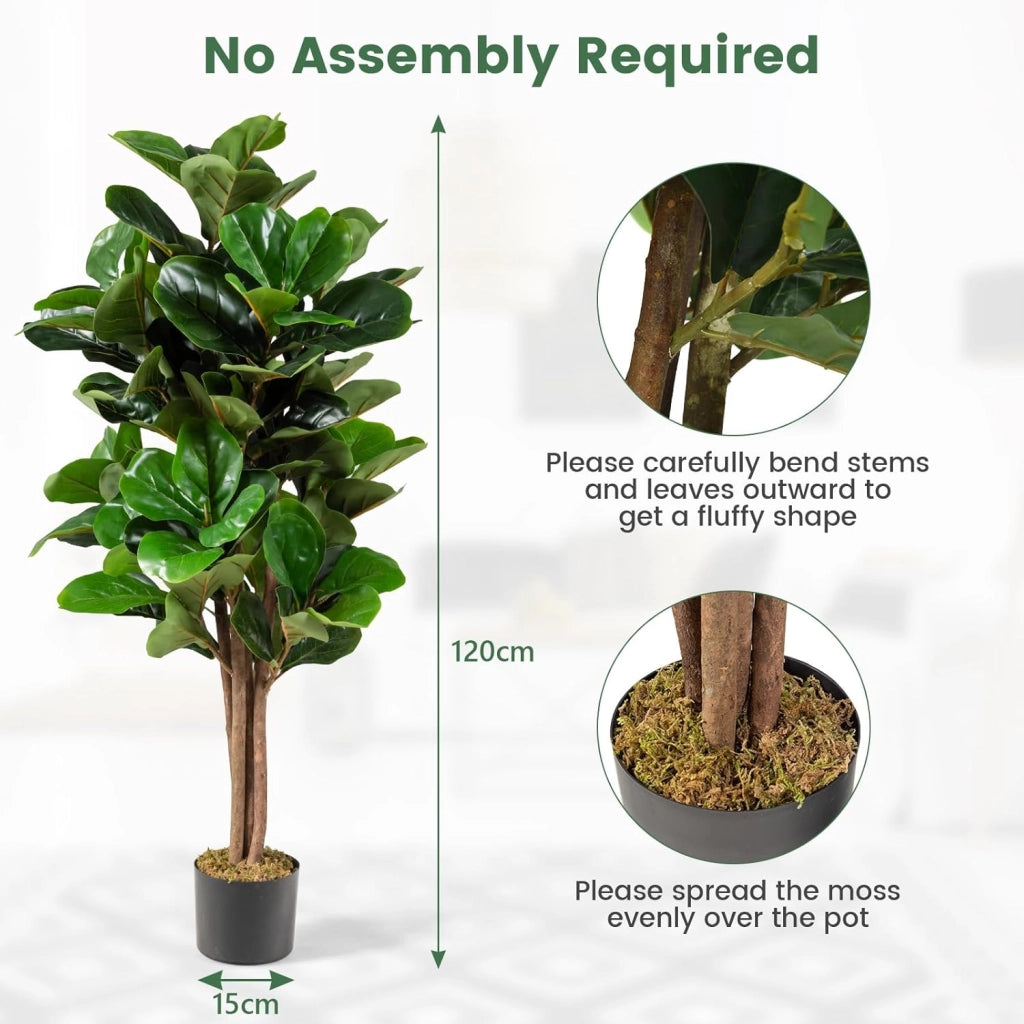 Pianta artificiale, albero di fico artificiale, 120 cm, decorazione in vaso di cemento, pianta verde con tronco e foglie in legno naturale, decorazione per interni