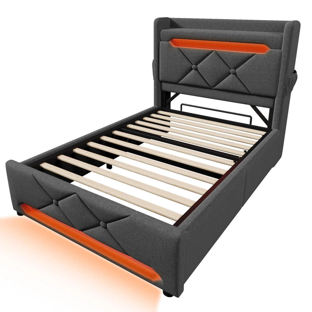 Letto singolo 90x200 cm in lino grigio con LED 360°, testiera con USB e materasso incluso