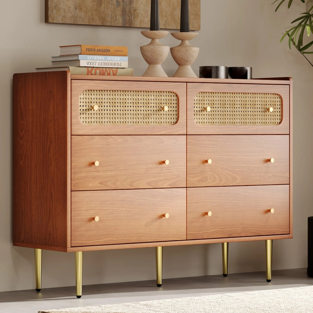 Cassettiera con 6 Cassetti e Ripiani in Rattan ¨C MINIMAL ¨C Noce 120x40x90 cm