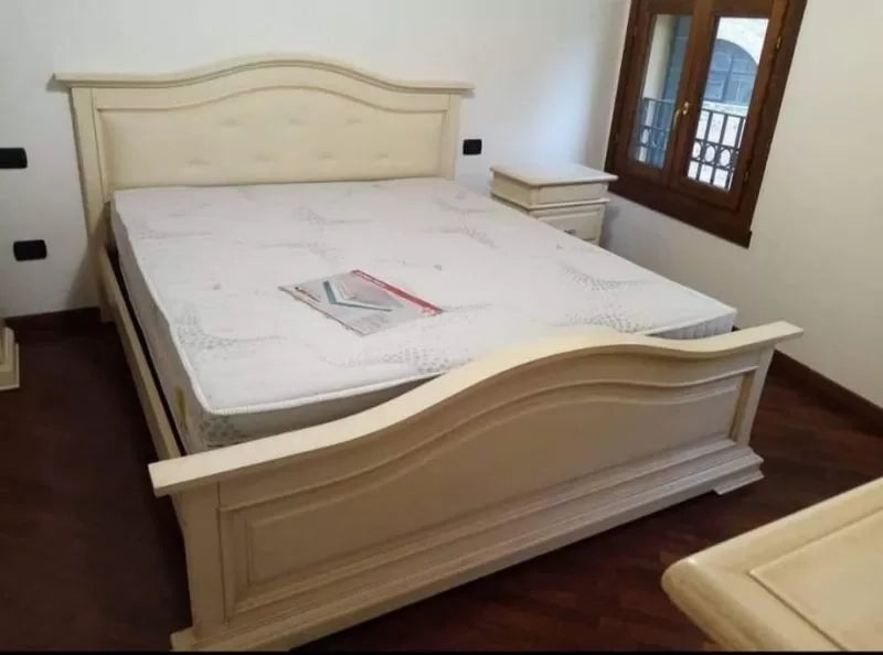 Letto matrimoniale legno shabby avorio anticato testata ecopelle beige 187x211x117 - Mobili 2G