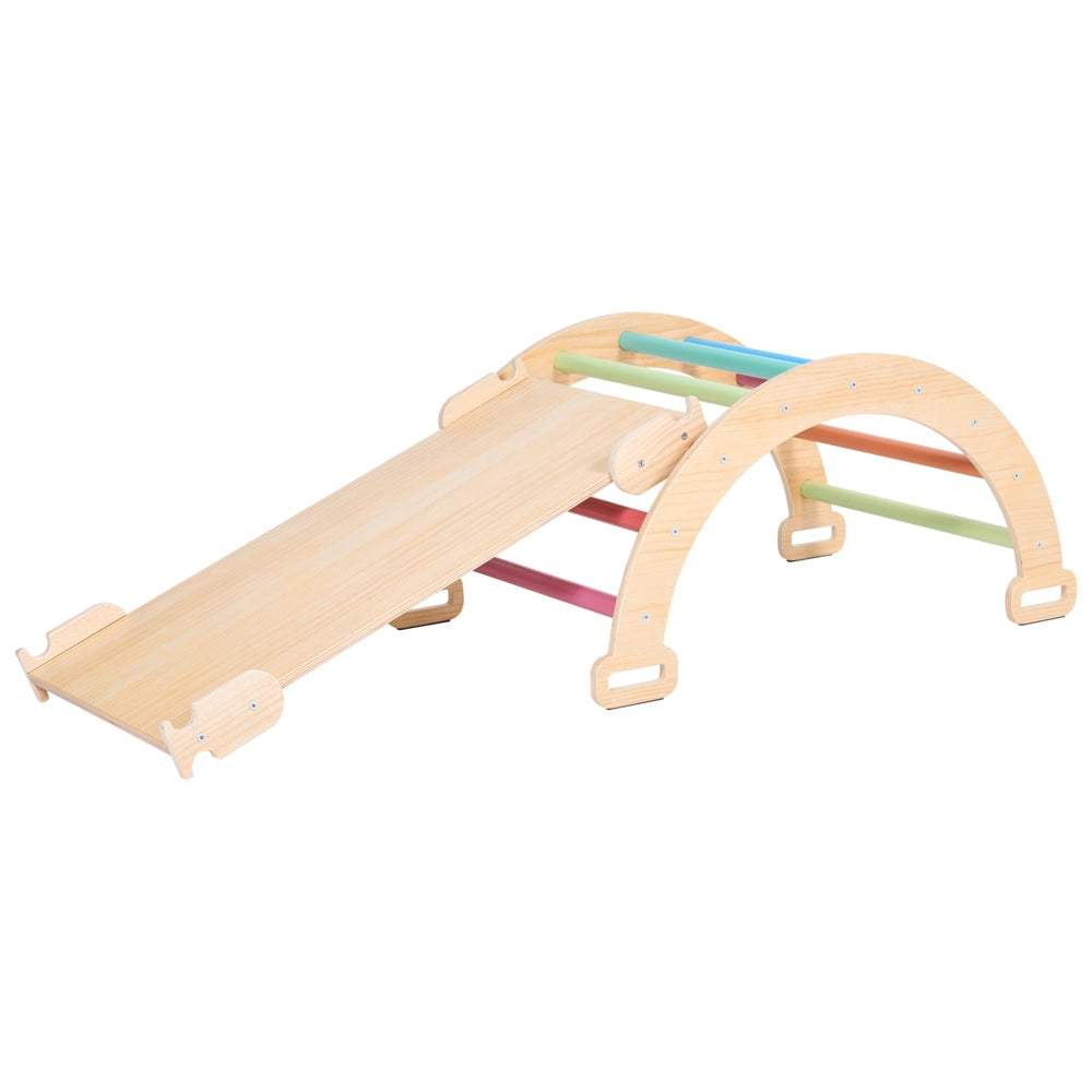 Set triangolo Pikler 3 in 1 in legno di pino marrone chiaro con arco da arrampicata e rampa per cameretta