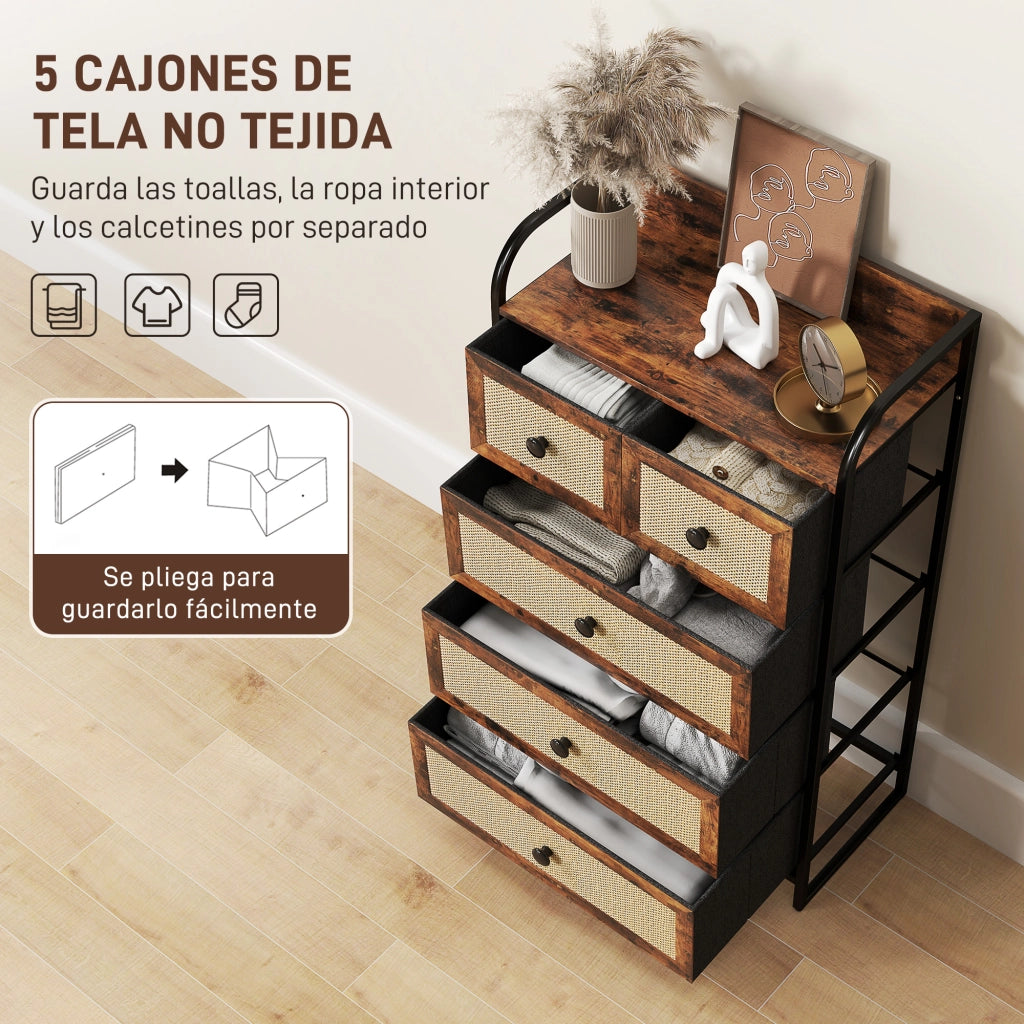 Comodino con 5 cassetti ¨C zephmum ¨C marrone, effetto rattan, acciaio, 58x29x99 cm