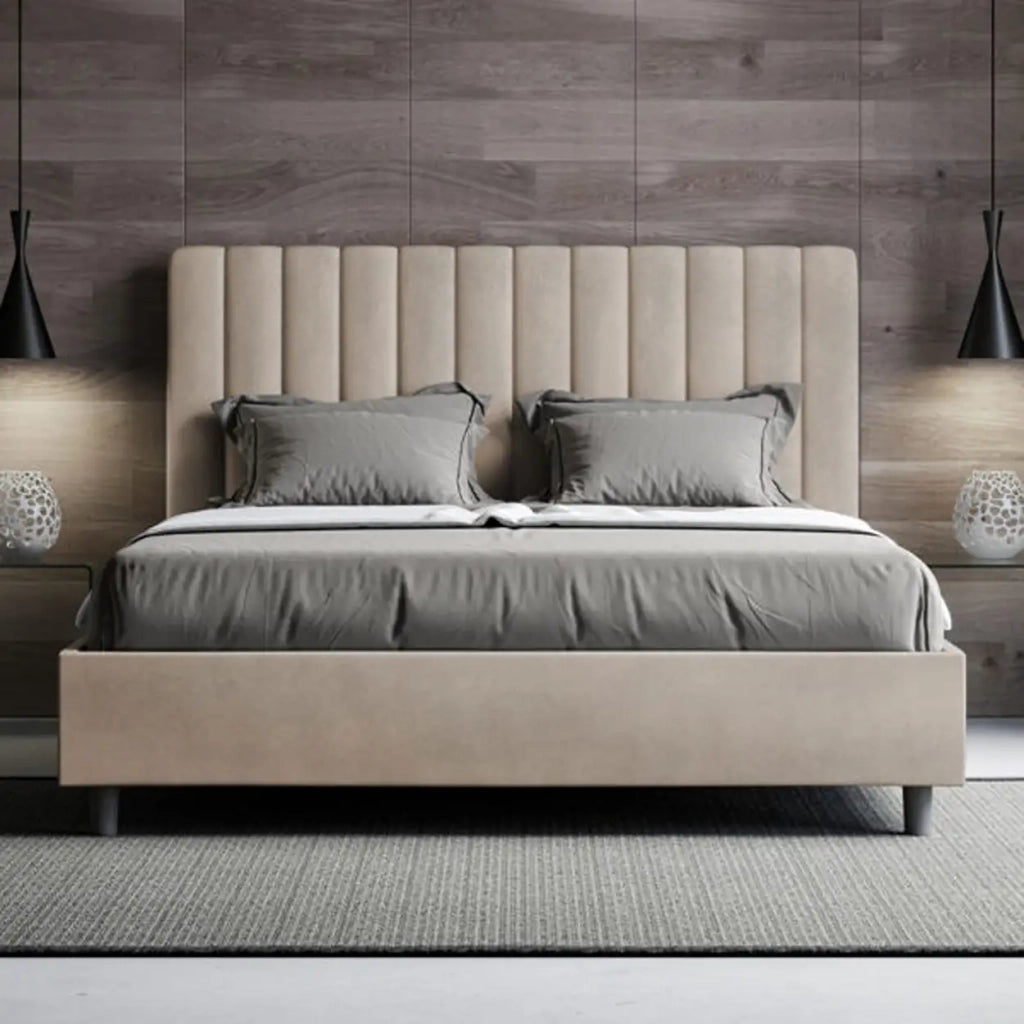 Letto matrimoniale francese contenitore imbottito 140x190 microfibra sabbia Agueda