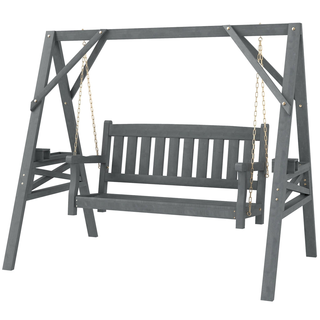 Divanetto a dondolo per giardino 2 posti con ripiani e portabicchieri ¨C zephmum ¨C Legno e metallo grigio 120x80x100 cm