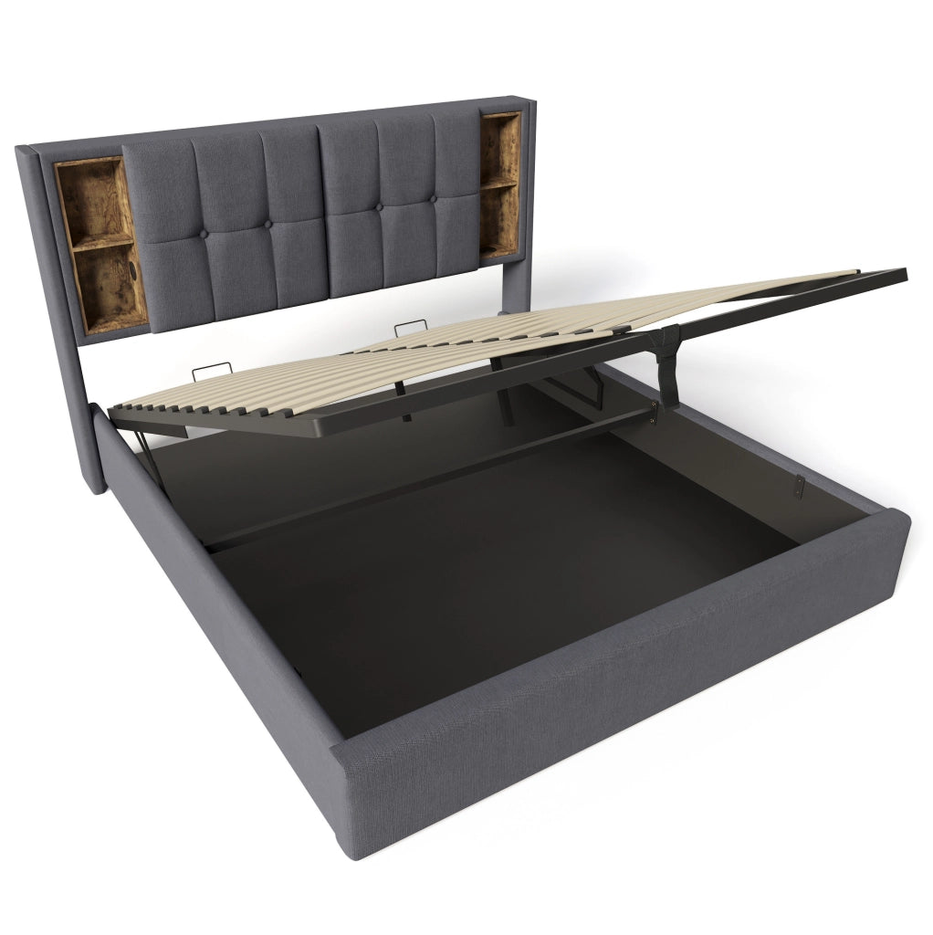 Letto matrimoniale imbottito 140x200 cm grigio in cotone con ricarica wireless; USB e contenitore
