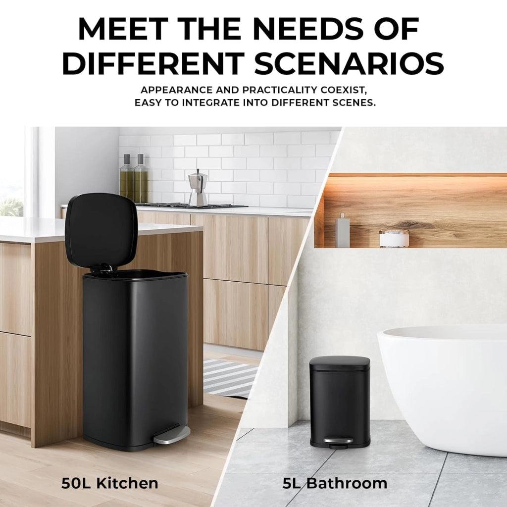 Set Pattumiera Cucina 50l + 5l, Set di Cestino a Pedale in Acciaio, con Chiusura Silenziosa, Secchio Interno, isolare gli odori, Grande Pattumiera, per Ufficio, Casa, Camera, Nero